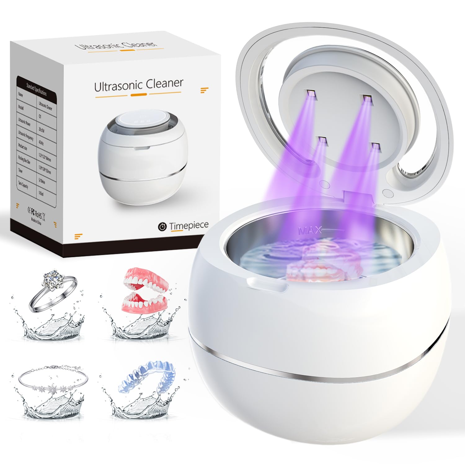 Front view of Ultrasonic Denture Cleaner in white