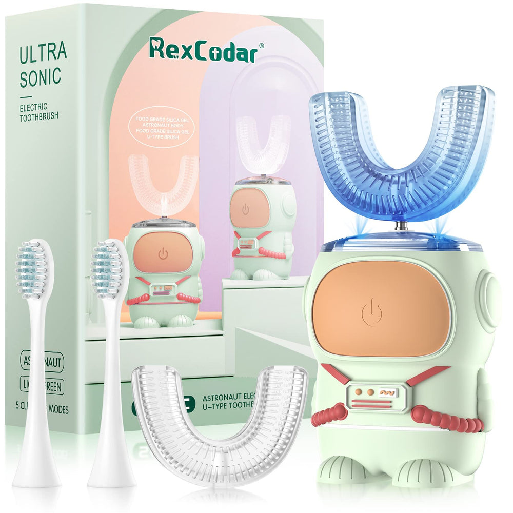 Ultrasonic Kid's U-Shaped Toothbrush with cartoon astronaut design in green for ages 2-6
