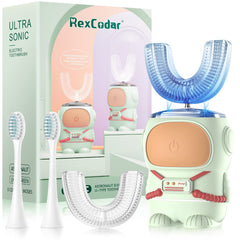 Ultrasonic Kid's U-Shaped Toothbrush with cartoon astronaut design in green for ages 2-6