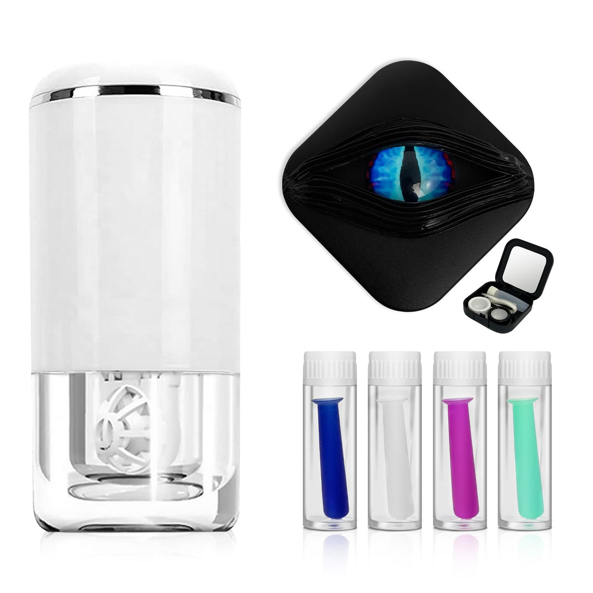 Ultrasonic contact lens cleaner bundle with suction stick and storage case