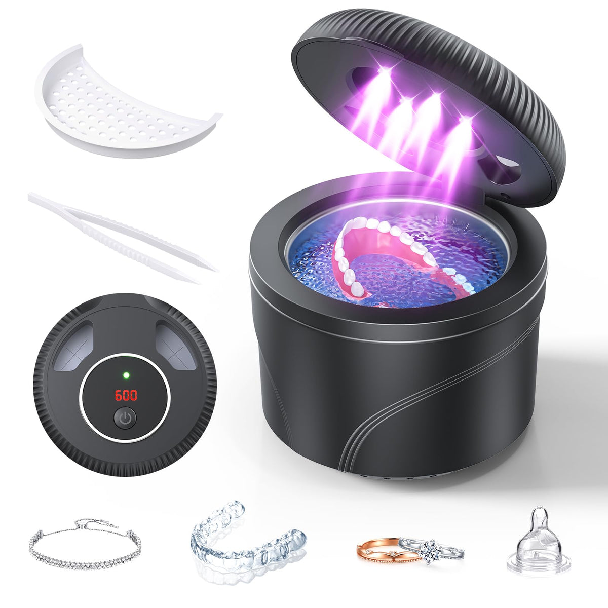 Ultrasonic retainer cleaner device with digital timer on display