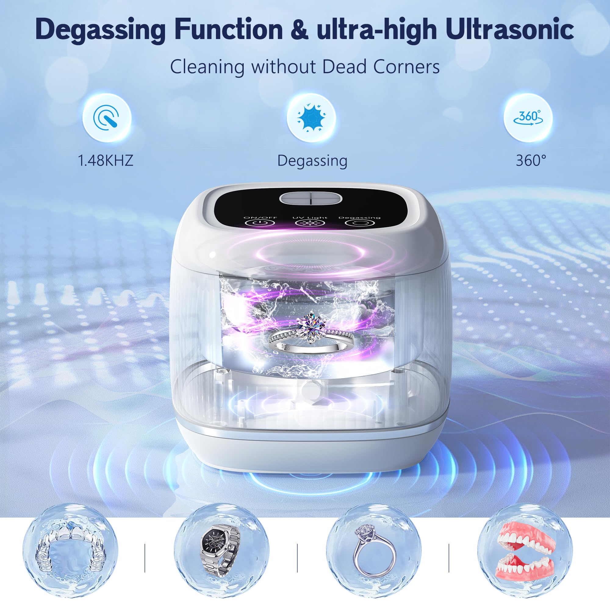 Core ultrasonic cleaning action at 48kHz frequency with UV support