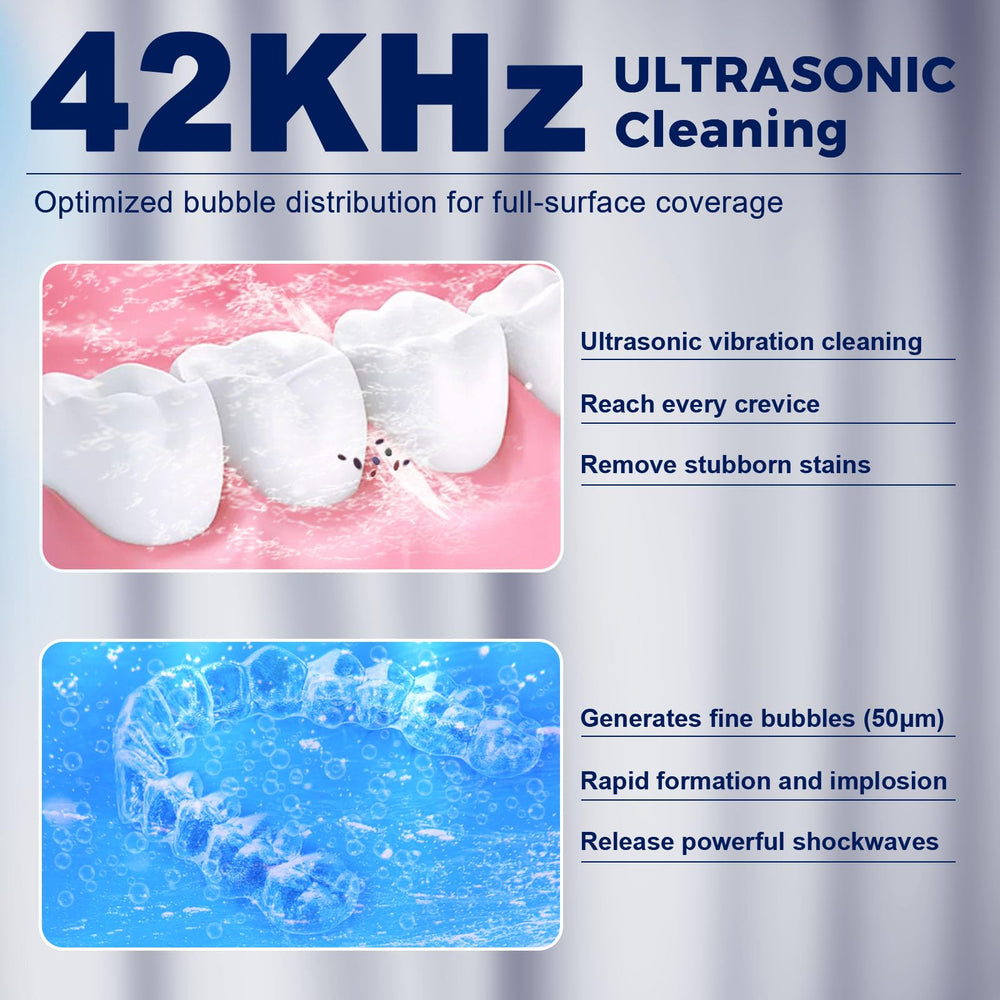 Cleaner with items like dentures and retainers submerged for cleaning