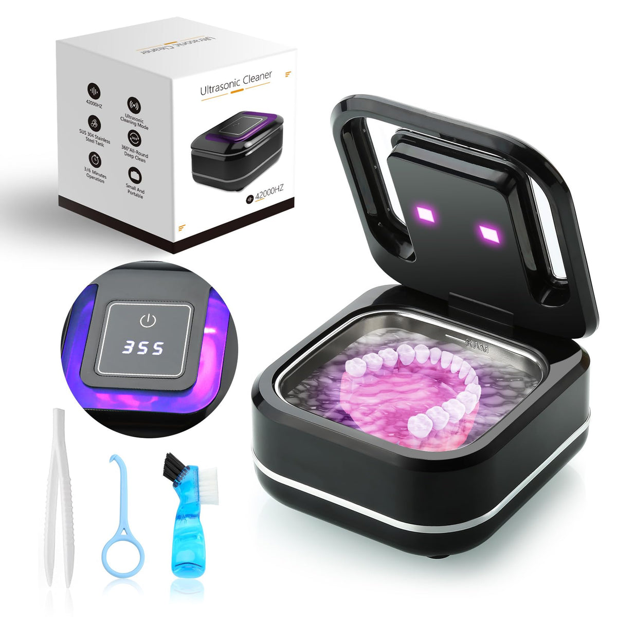 Ultrasonic retainer cleaner device with digital countdown timer on display