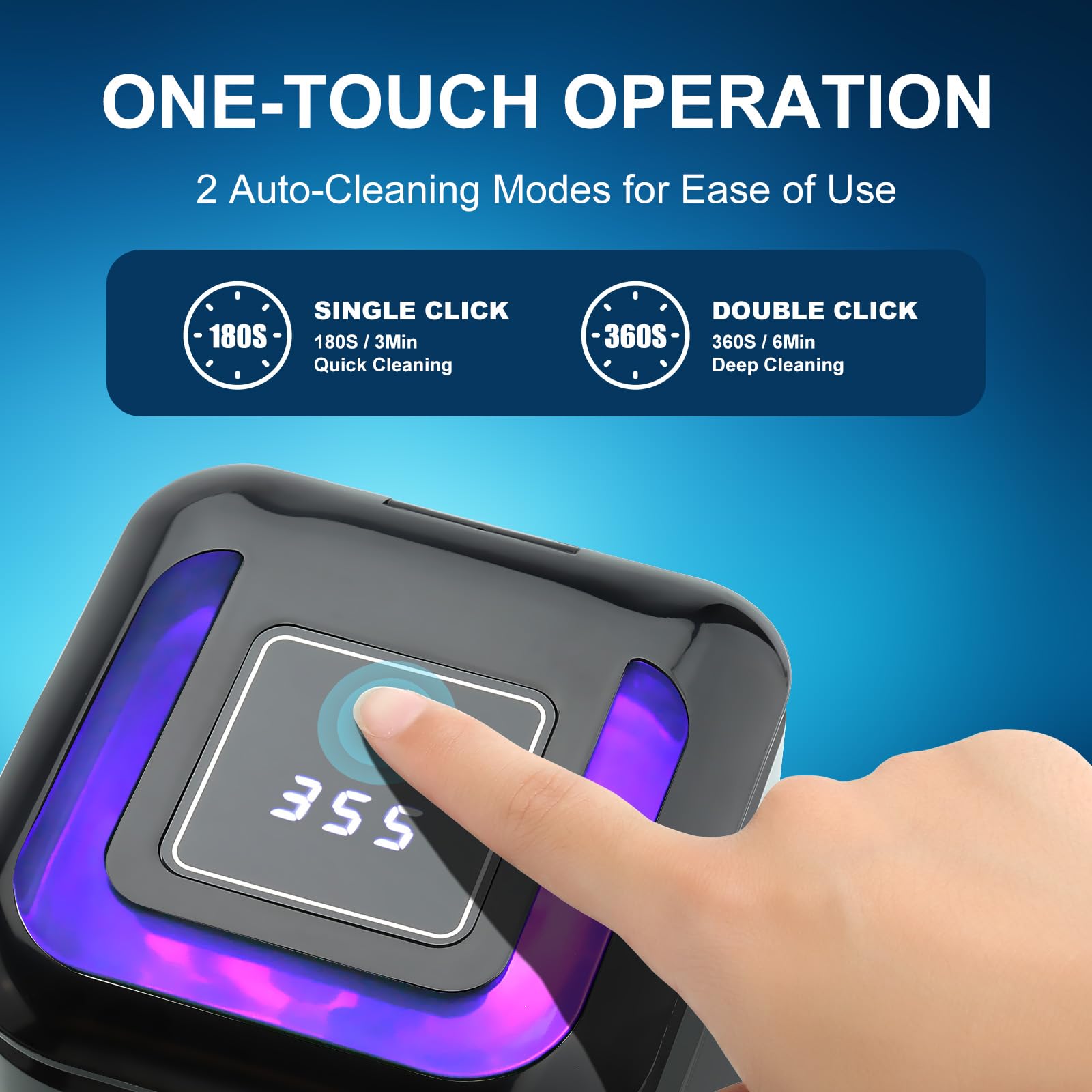 Illustration of cleaning modes showing 3-minute quick clean and 6-minute deep clean