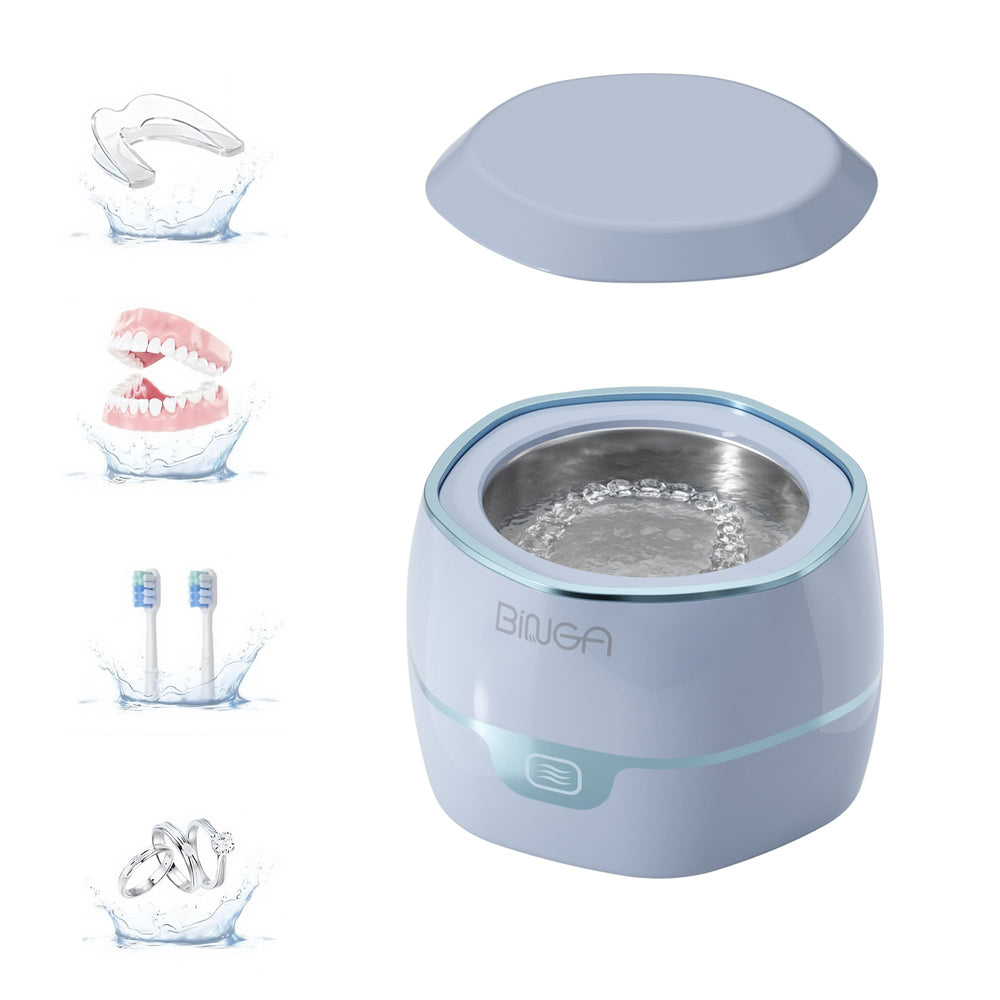 Ultrasonic retainer cleaner showing 45kHz operation and compact design