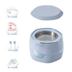 Ultrasonic retainer cleaner showing 45kHz operation and compact design