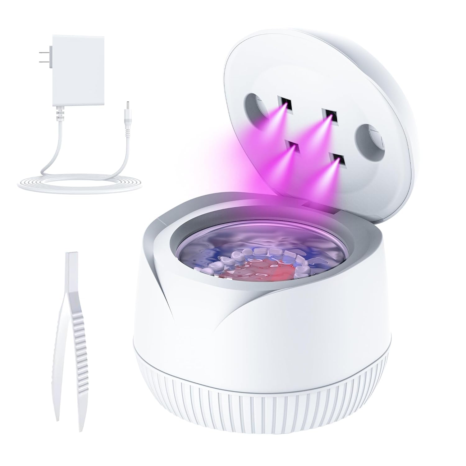 Portable ultrasonic retainer cleaner 45kHz 25W with 200ml tank for dentures, aligners, mouth guards, braces, rings and jewelry.