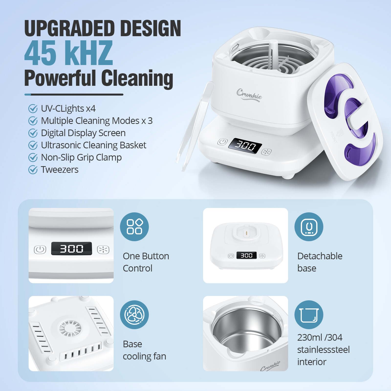 3 cleaning modes buttons and compact white appliance