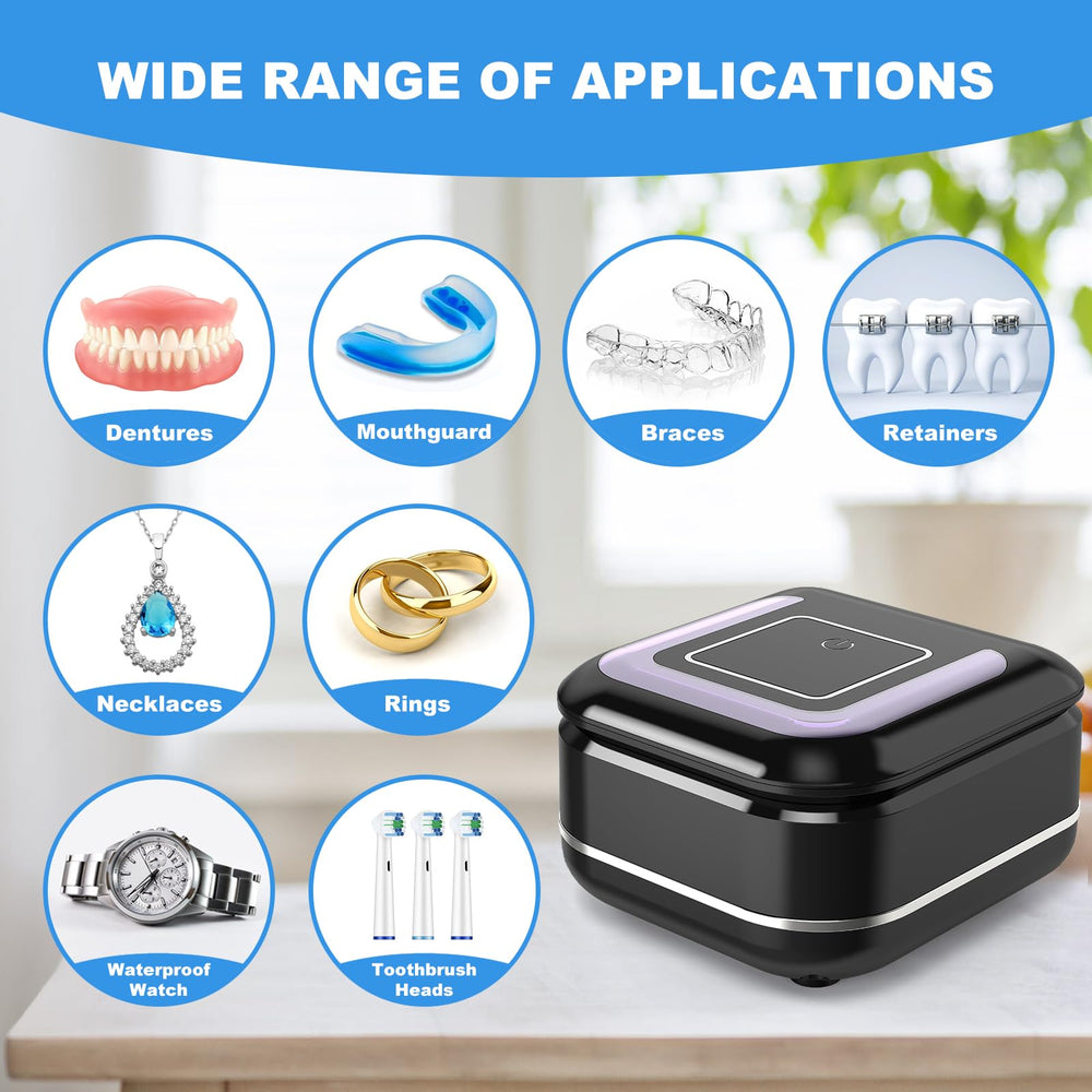 Cleaners demonstrating use for dentures, retainers, braces, aligners, and jewelry