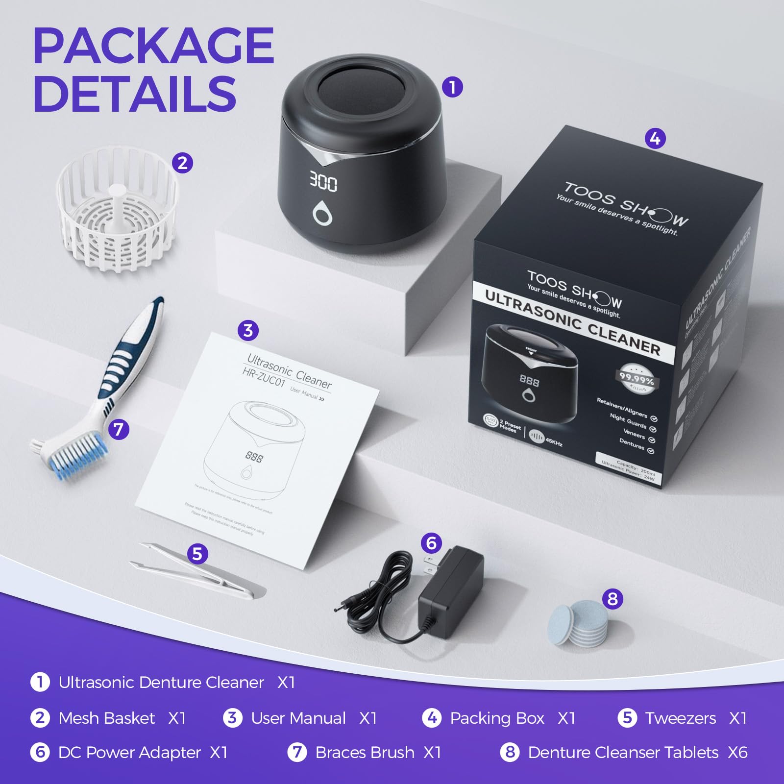 Included accessories: denture brush, cleaning basket, tweezers and tablets