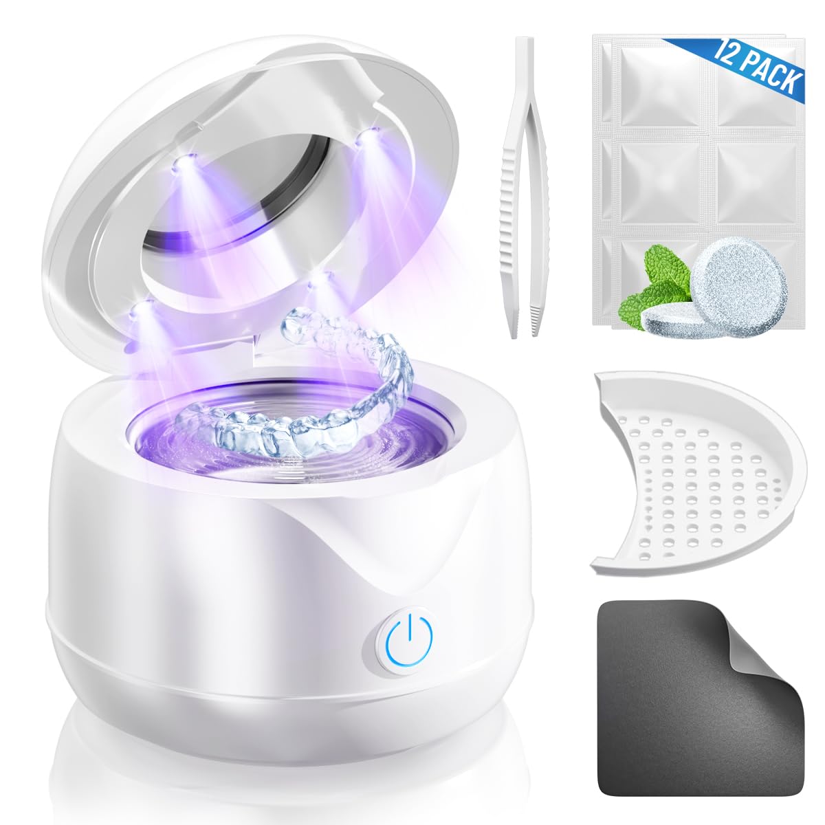 Ultrasonic retainer cleaner machine on countertop for dentures and braces