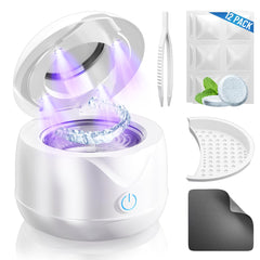 Ultrasonic retainer cleaner machine on countertop for dentures and braces