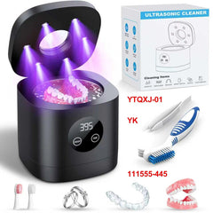 Black Ultrasonic Retainer Cleaner Machine with 52kHz, 250ml capacity for braces, mouth guards, dentures, and jewelry.