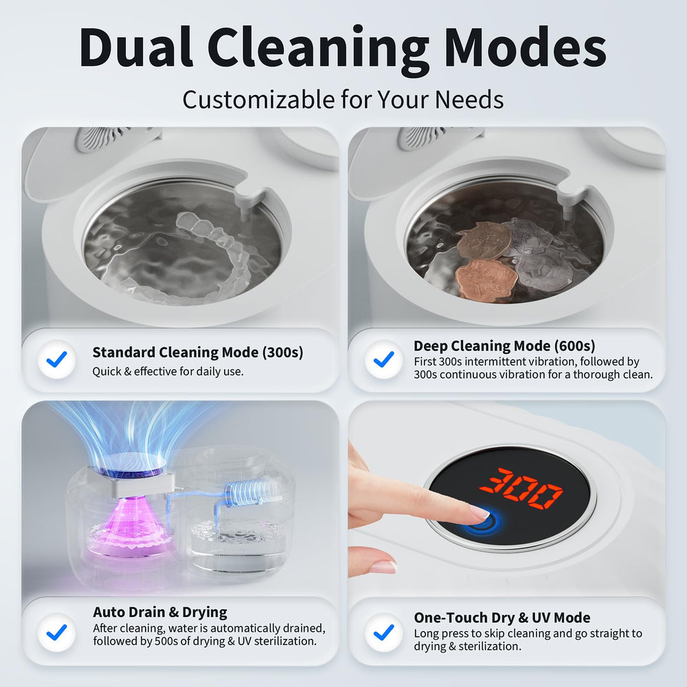Retail packaging for Ultrasonic Retainer Cleaner in white
