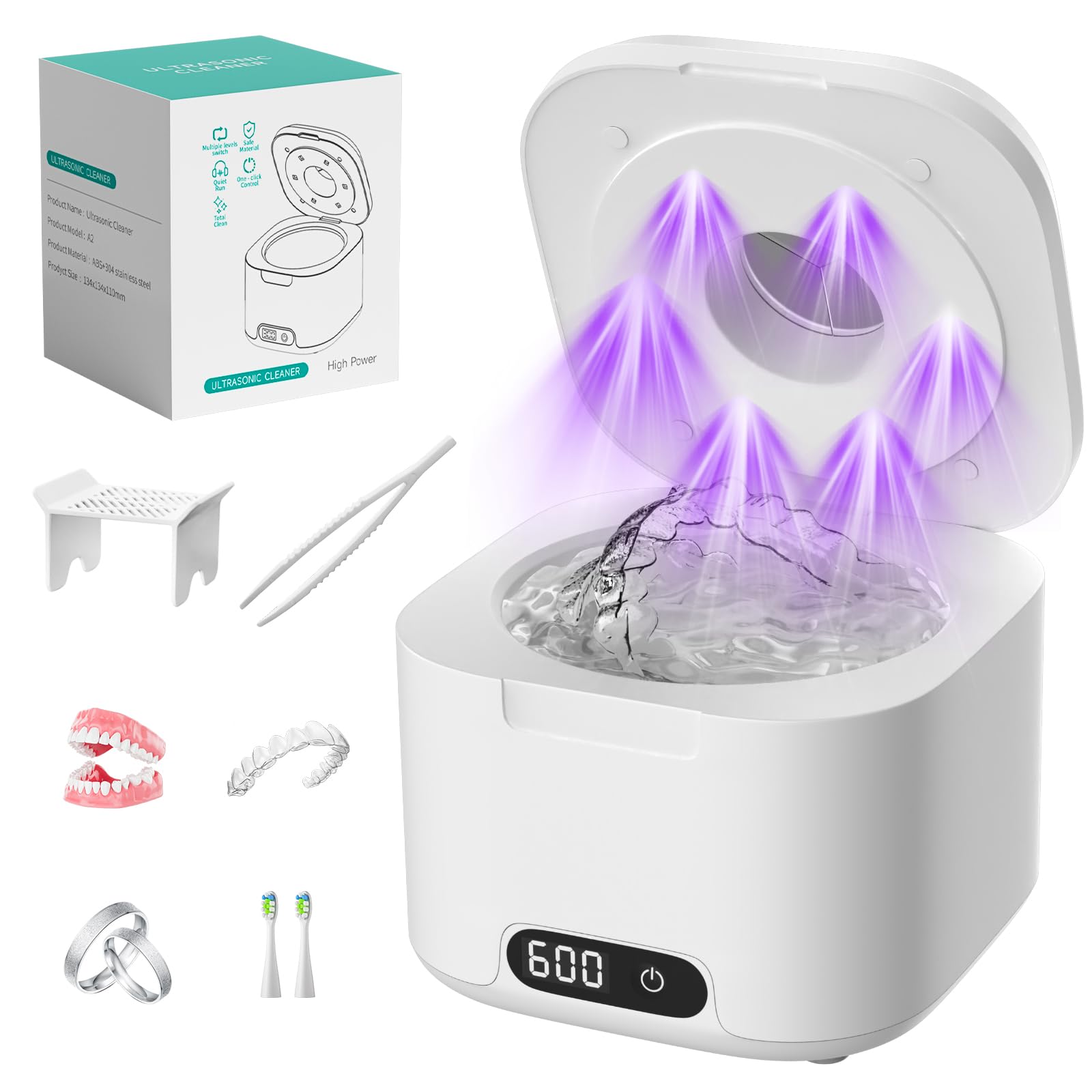 Ultrasonic retainer cleaner with UV light, white body