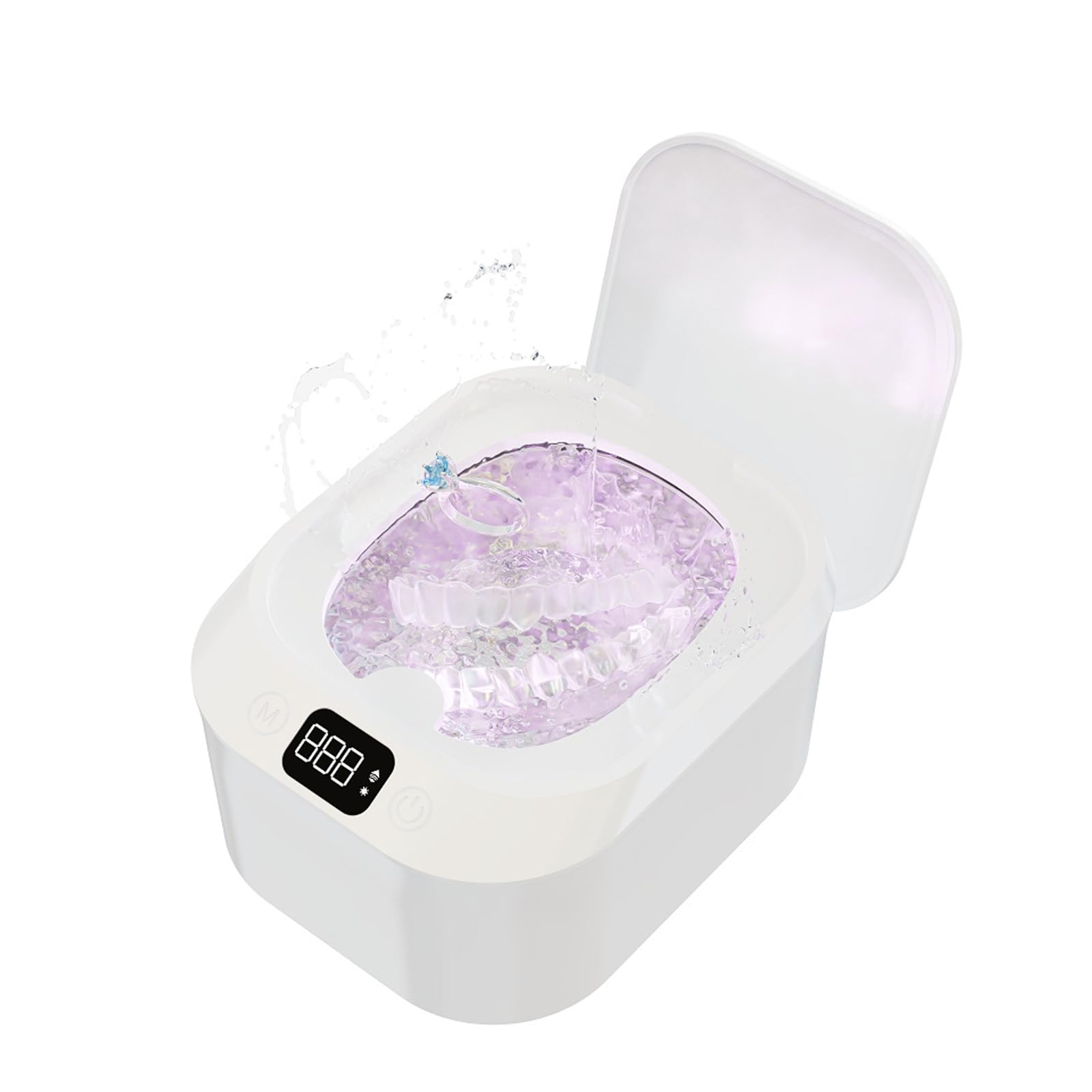 White Ultrasonic Retainer Cleaner with transparent lid on bathroom counter