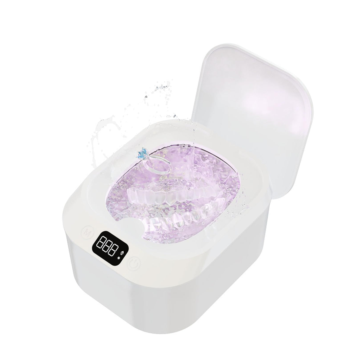 White Ultrasonic Retainer Cleaner with transparent lid on bathroom counter
