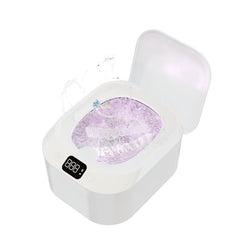 White Ultrasonic Retainer Cleaner with transparent lid on bathroom counter