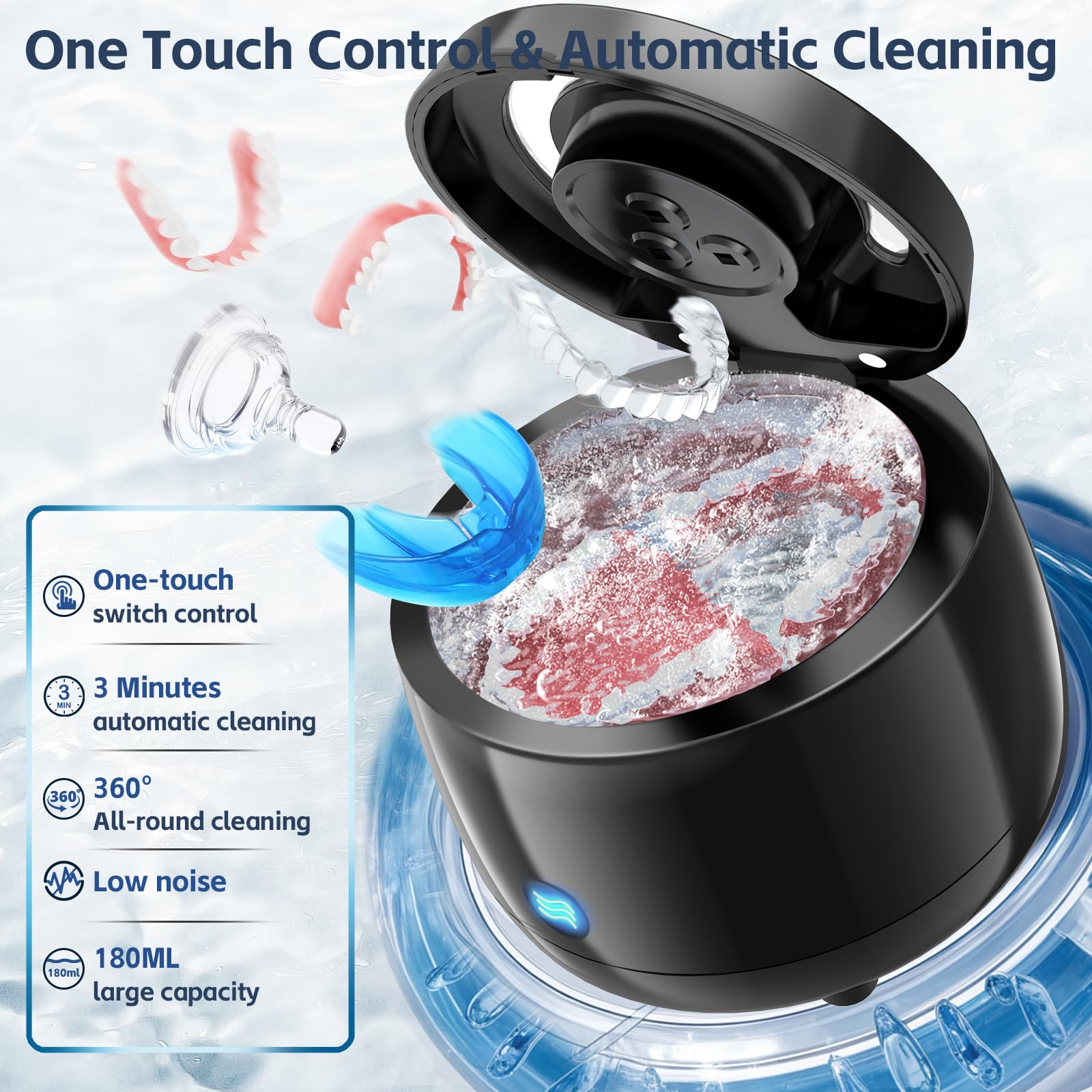 Denture and jewelry inside ultrasonic cleaner