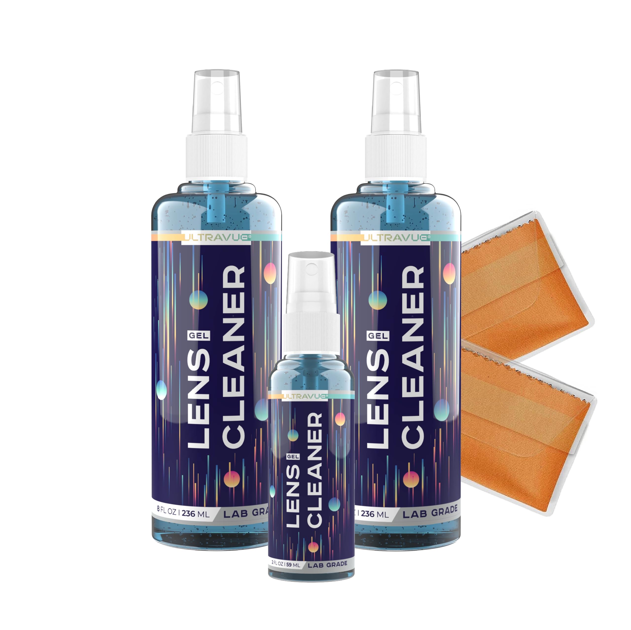 ULTRAVUE gel lens cleaner kit front view with 2x 8oz bottles and 1x 2oz bottle