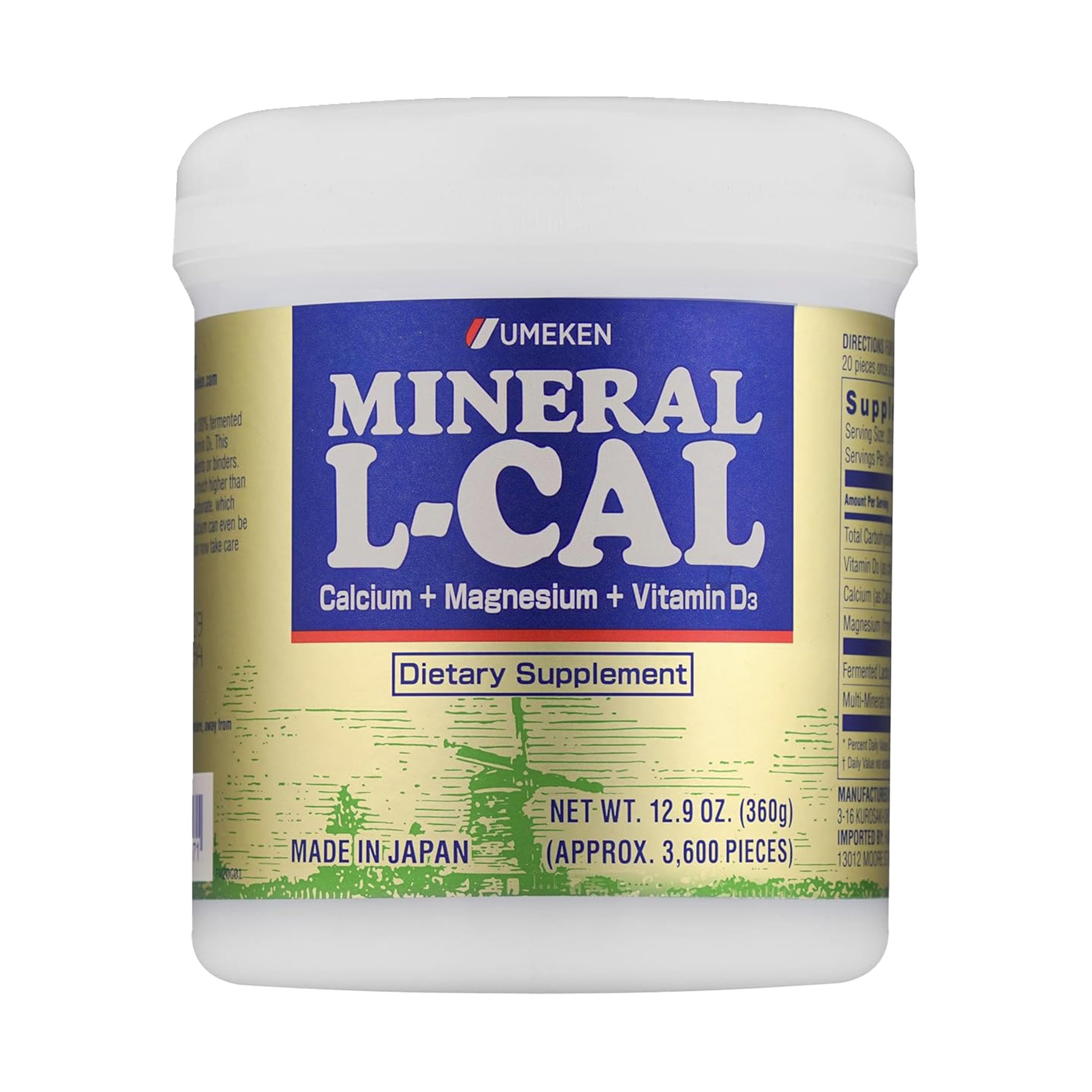 Front view of Umeken Mineral L-Cal Calcium with Vitamin D3 bottle and packaging