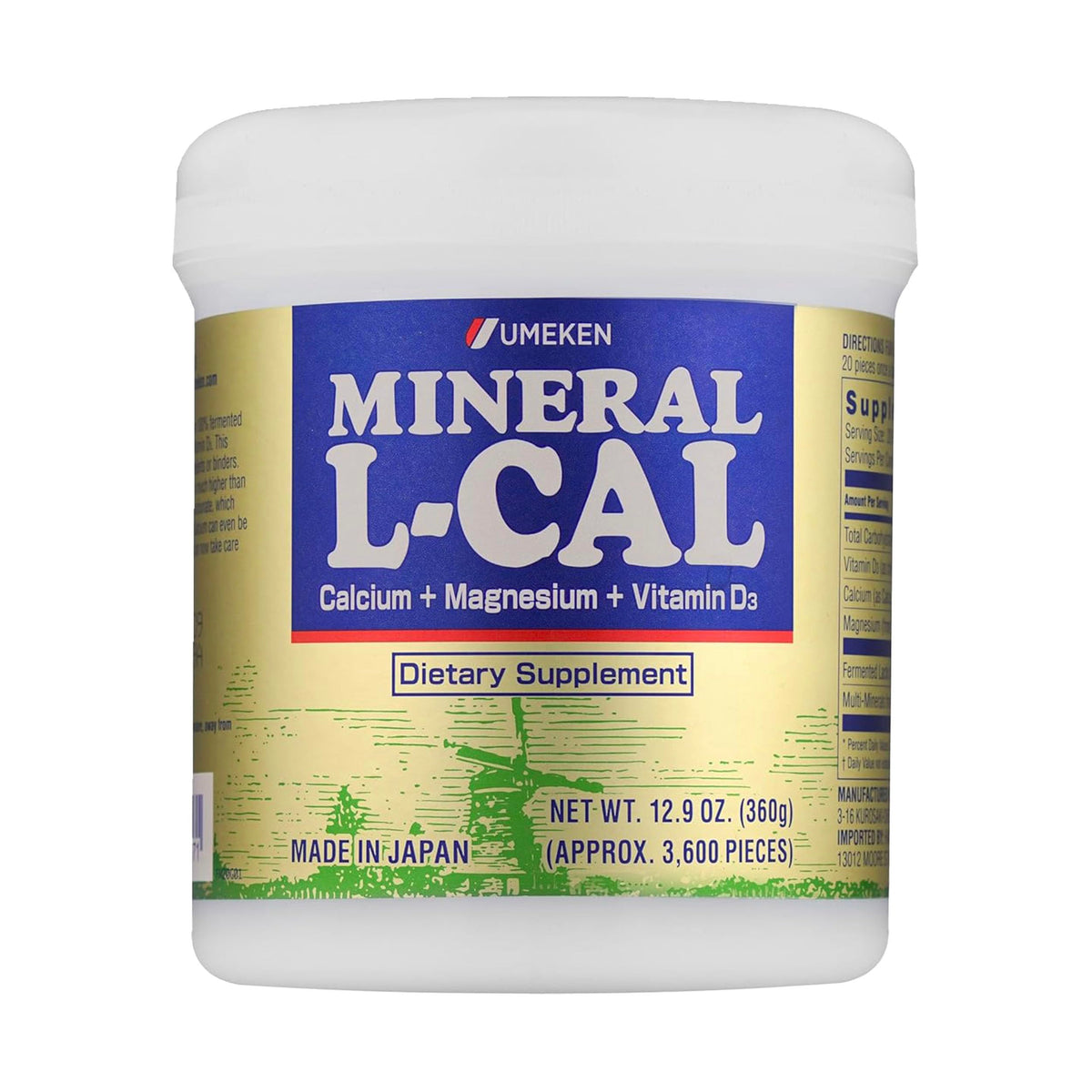 Front view of Umeken Mineral L-Cal Calcium with Vitamin D3 bottle and packaging