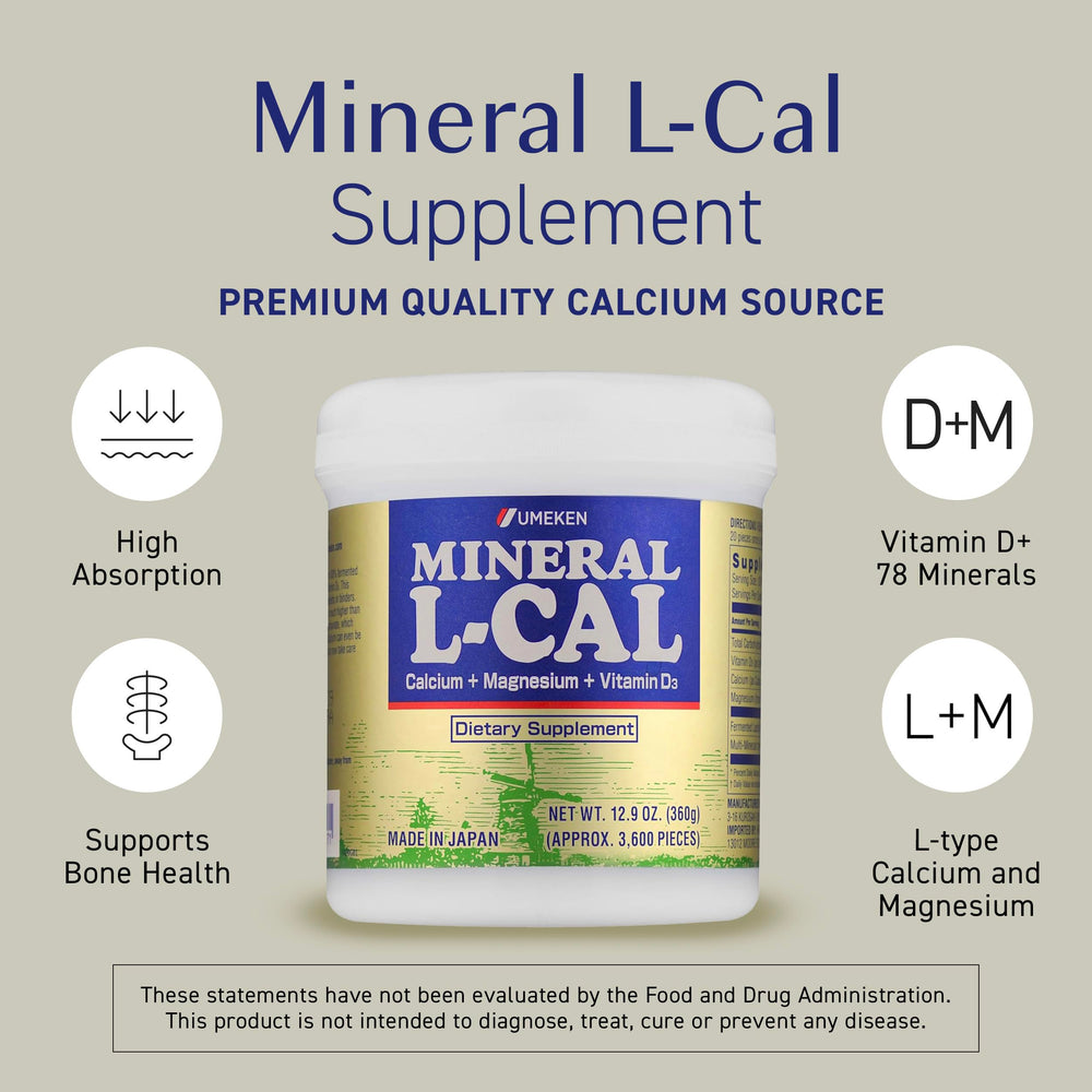 Umeken Mineral L-Cal Calcium with Vitamin D3 bottle front (360g, 3,600 balls)