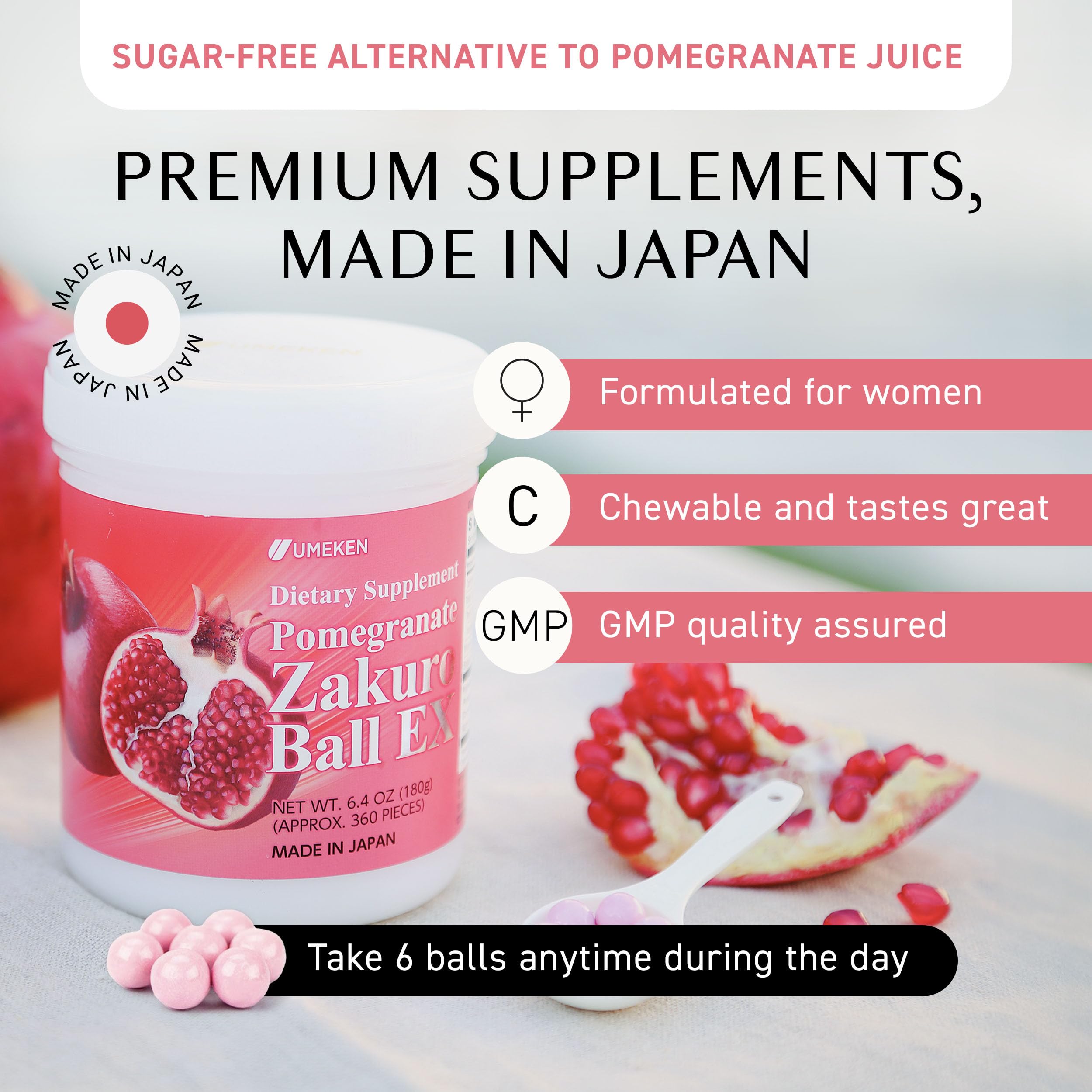 Close-up of ingredients on Umeken Pomegranate Balls packaging
