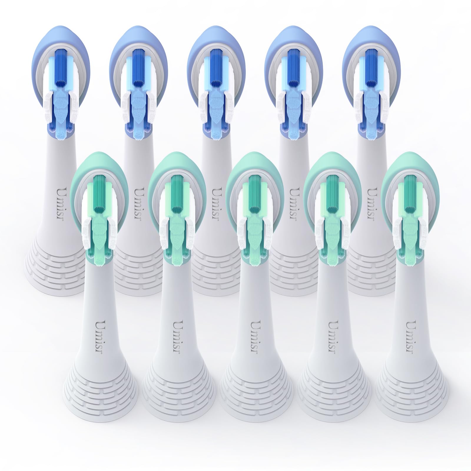 Umisr 10-pack replacement brush heads for Philips Sonicare with hypoallergenic soft bristles for sensitive teeth and gums.