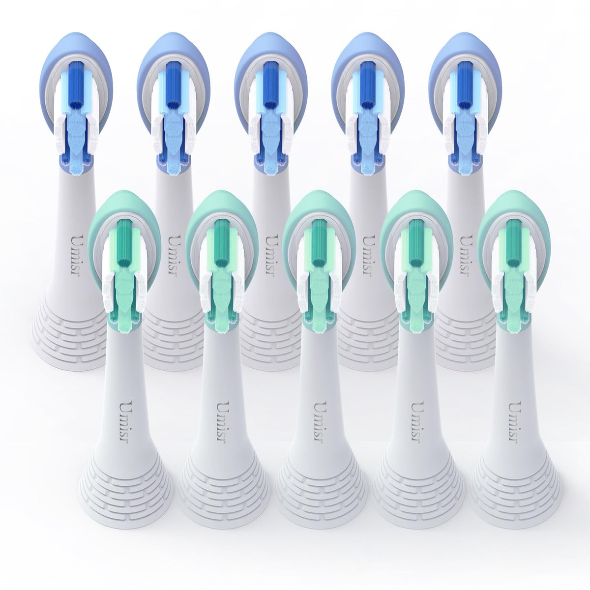 Umisr 10-pack replacement brush heads for Philips Sonicare with hypoallergenic soft bristles for sensitive teeth and gums.