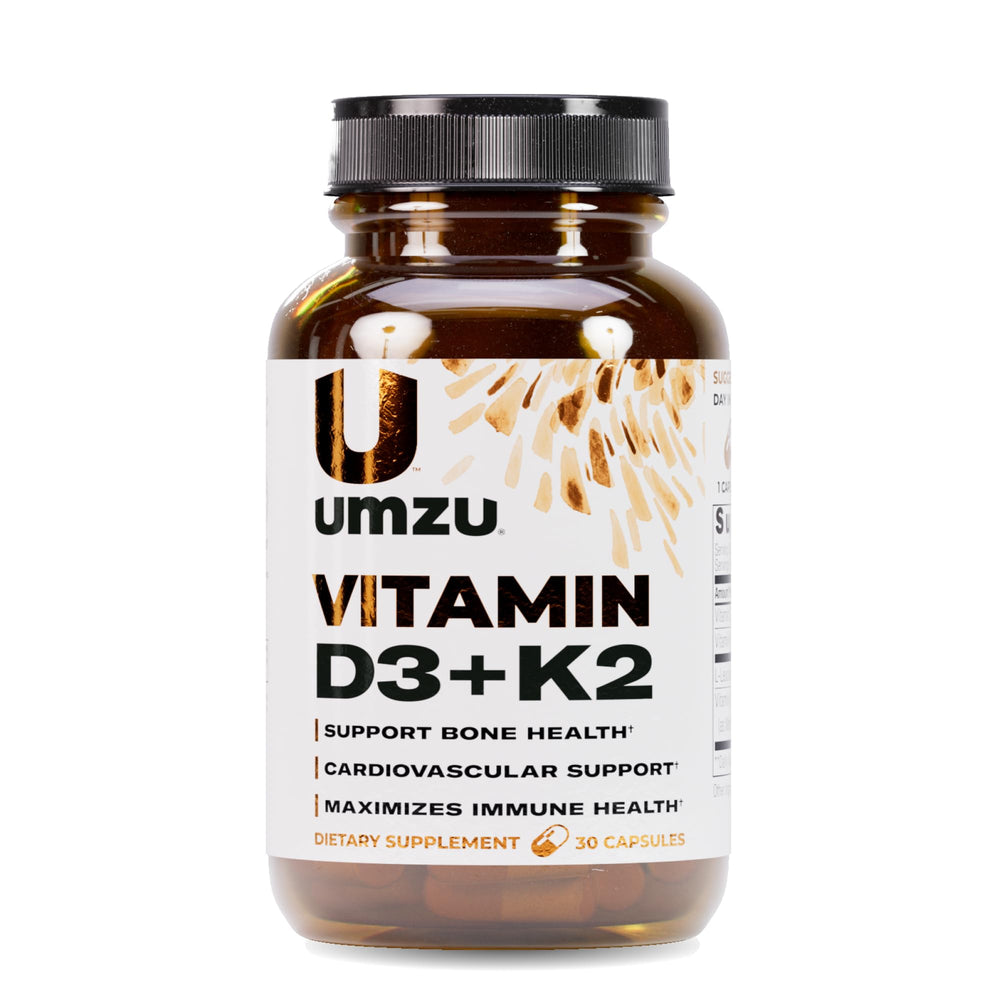 Front view of UMZU Vitamin D3 + K2 bottle