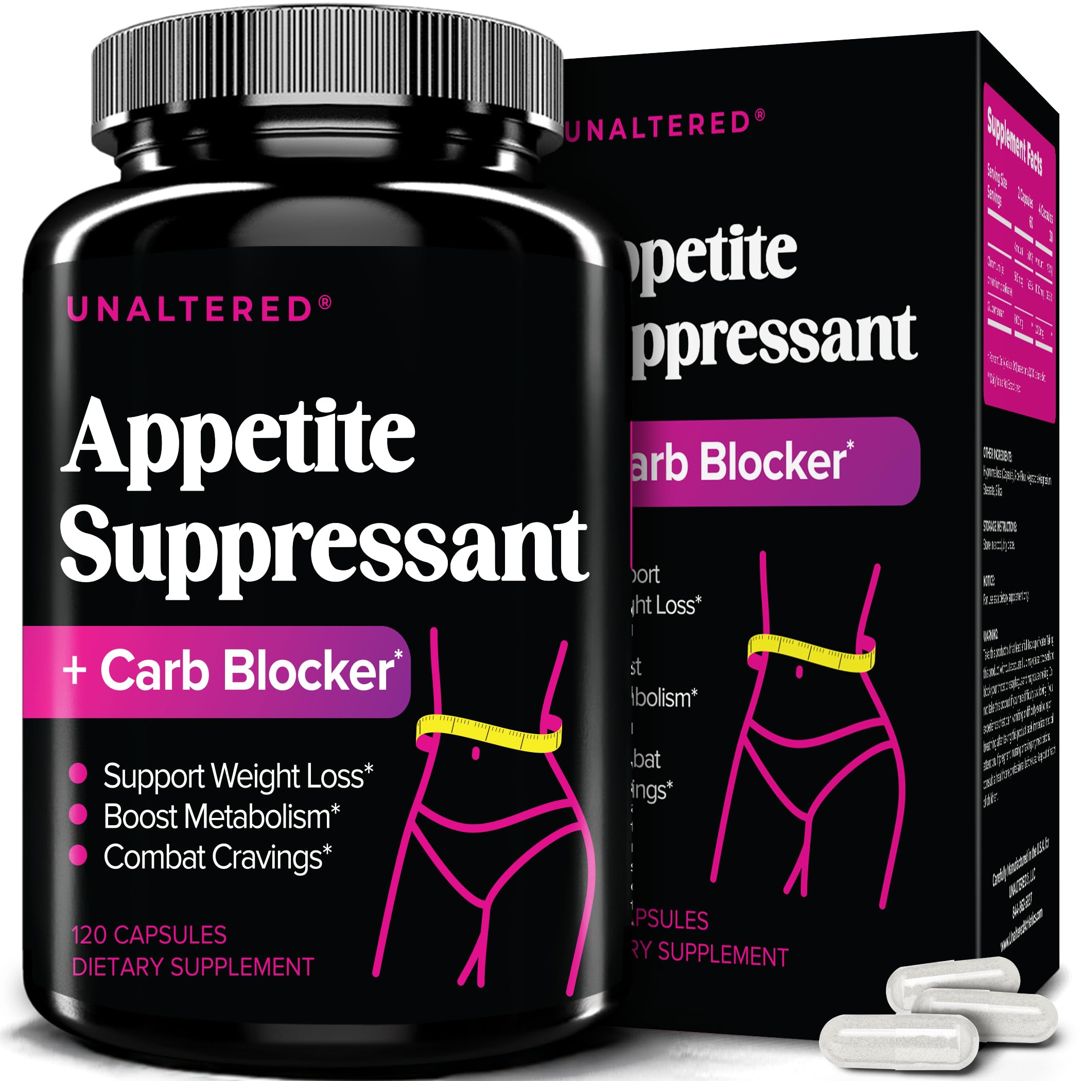 UNALTERED Appetite Suppressant for Women bottle demonstrates cravings control with easy-to-swallow capsules.