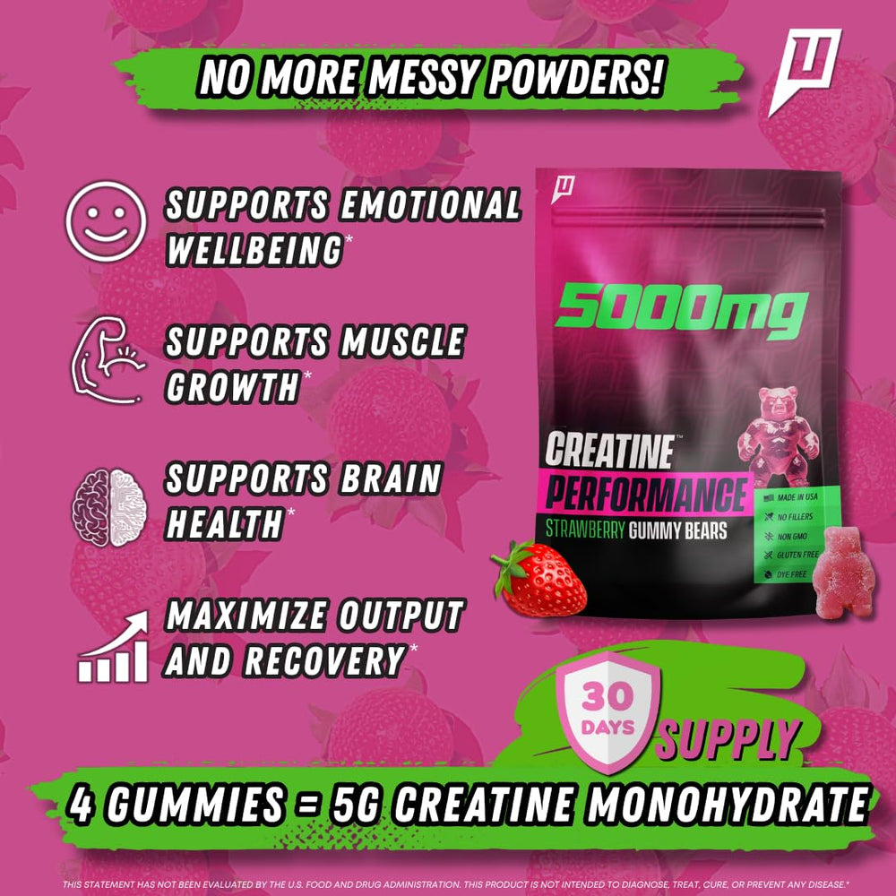 Close-up of strawberry-flavored creatine gummies