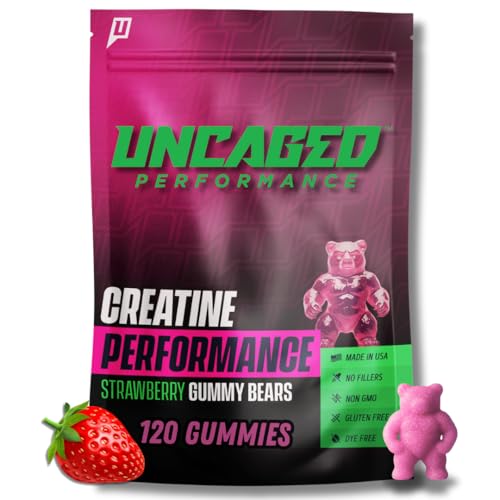 Front view of Uncaged Performance Creatine Monohydrate Gummies Strawberry flavor 5g serving