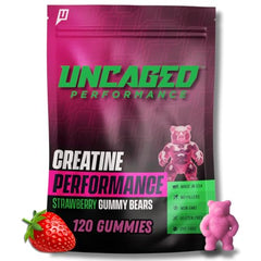 Front view of Uncaged Performance Creatine Monohydrate Gummies Strawberry flavor 5g serving