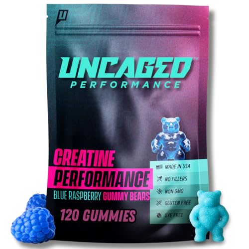 Front view of Uncaged Performance Creatine Monohydrate Gummies bottle – Blue Raspberry flavor