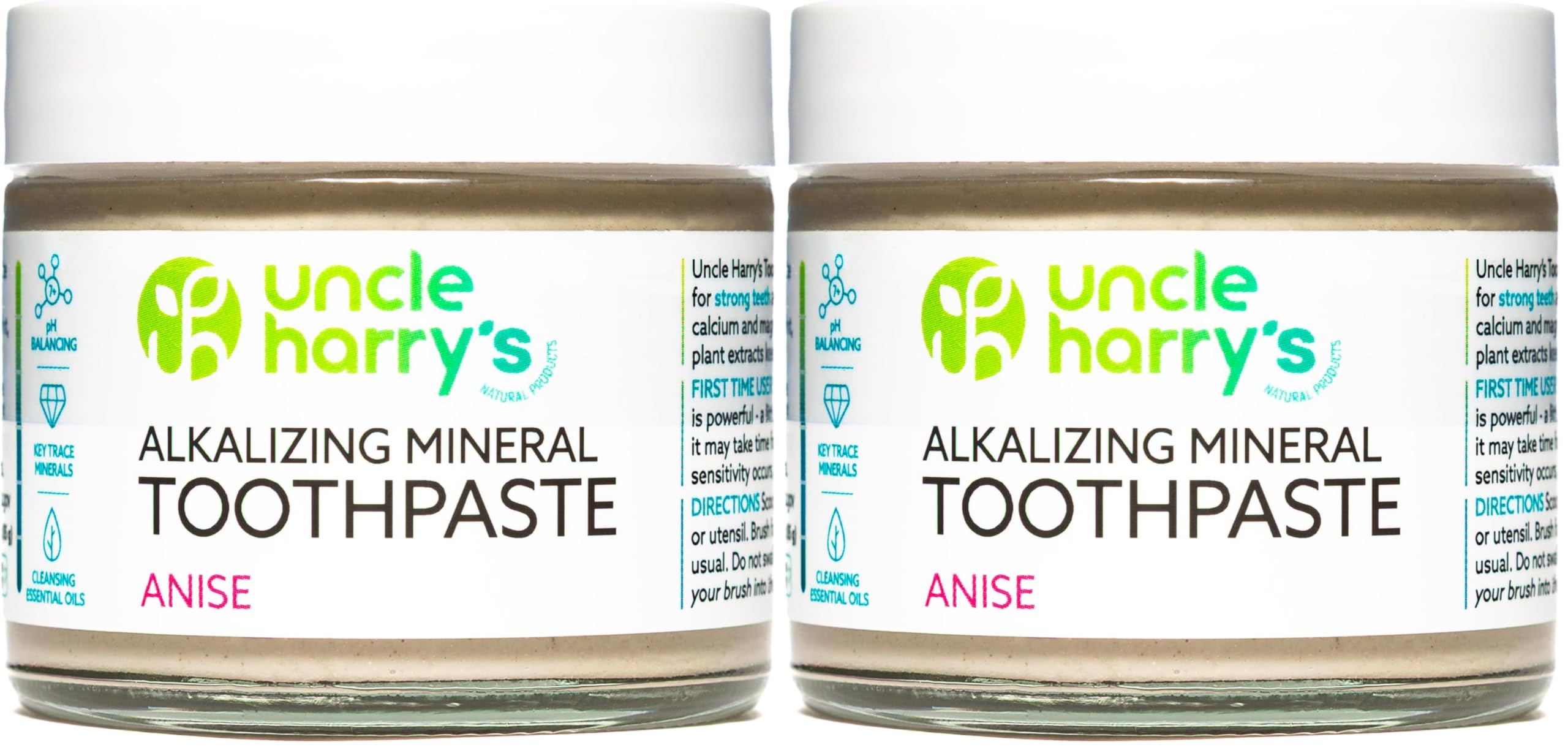 Front view of Uncle Harry's Anise Remineralizing Toothpaste Pack of 2 in glass jars