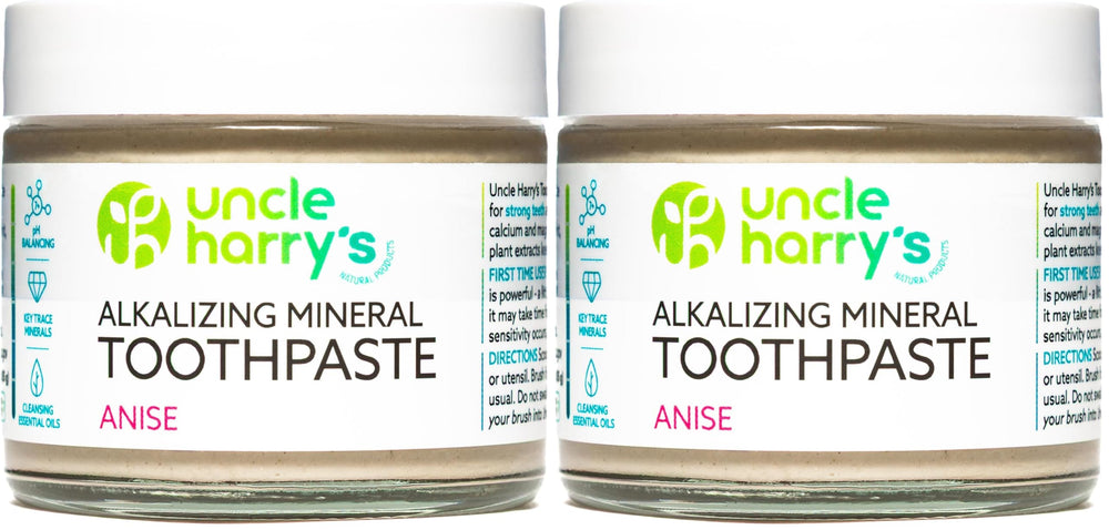 Front view of Uncle Harry's Anise Remineralizing Toothpaste Pack of 2 in glass jars