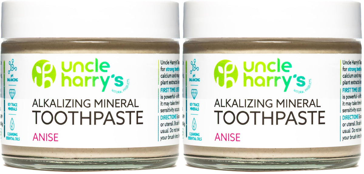 Front view of Uncle Harry's Anise Remineralizing Toothpaste Pack of 2 in glass jars