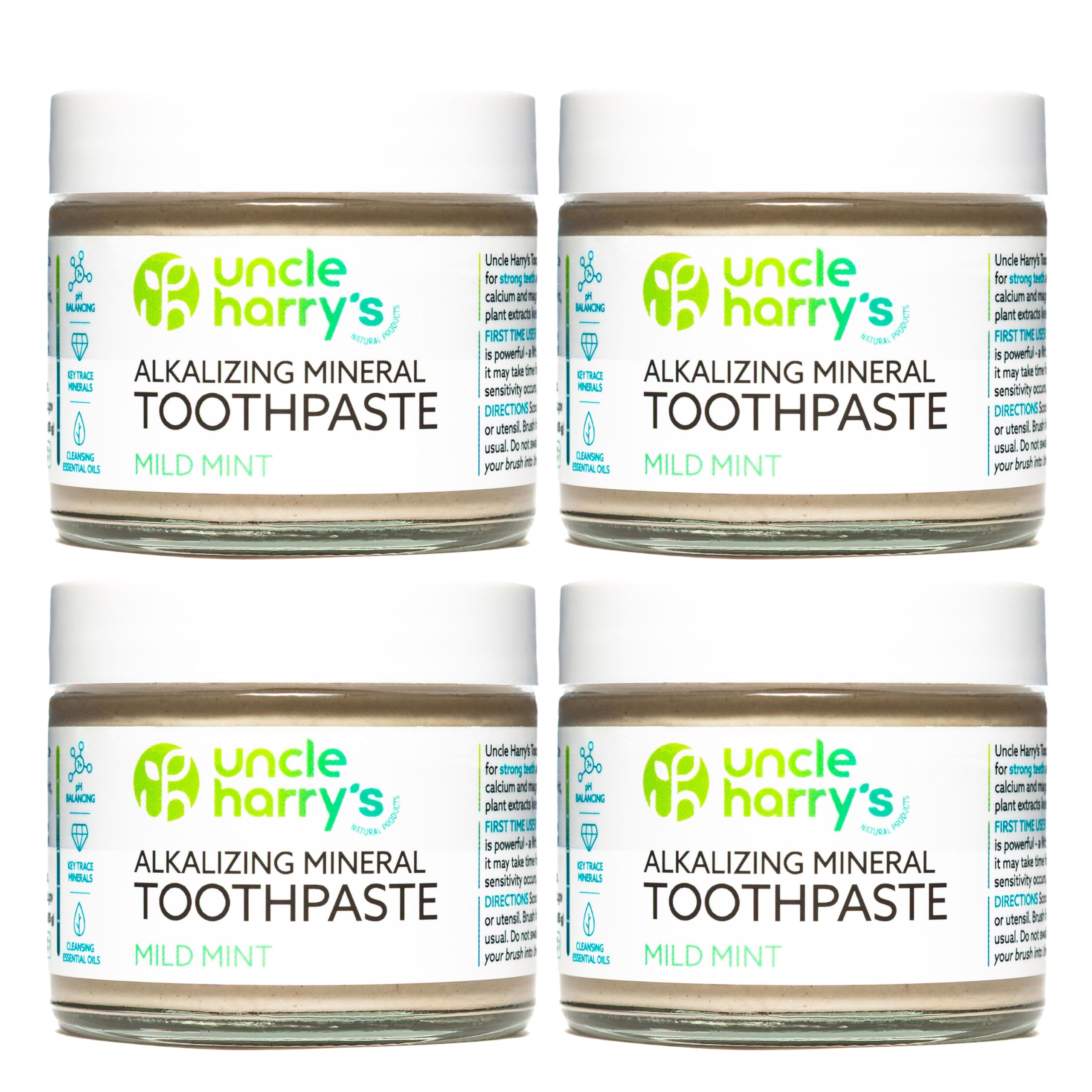 Front view of Uncle Harry's Mild Mint Remineralizing Toothpaste 4-pack in eco-friendly glass jar