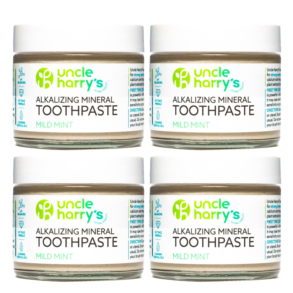 Front view of Uncle Harry's Mild Mint Remineralizing Toothpaste 4-pack in eco-friendly glass jar