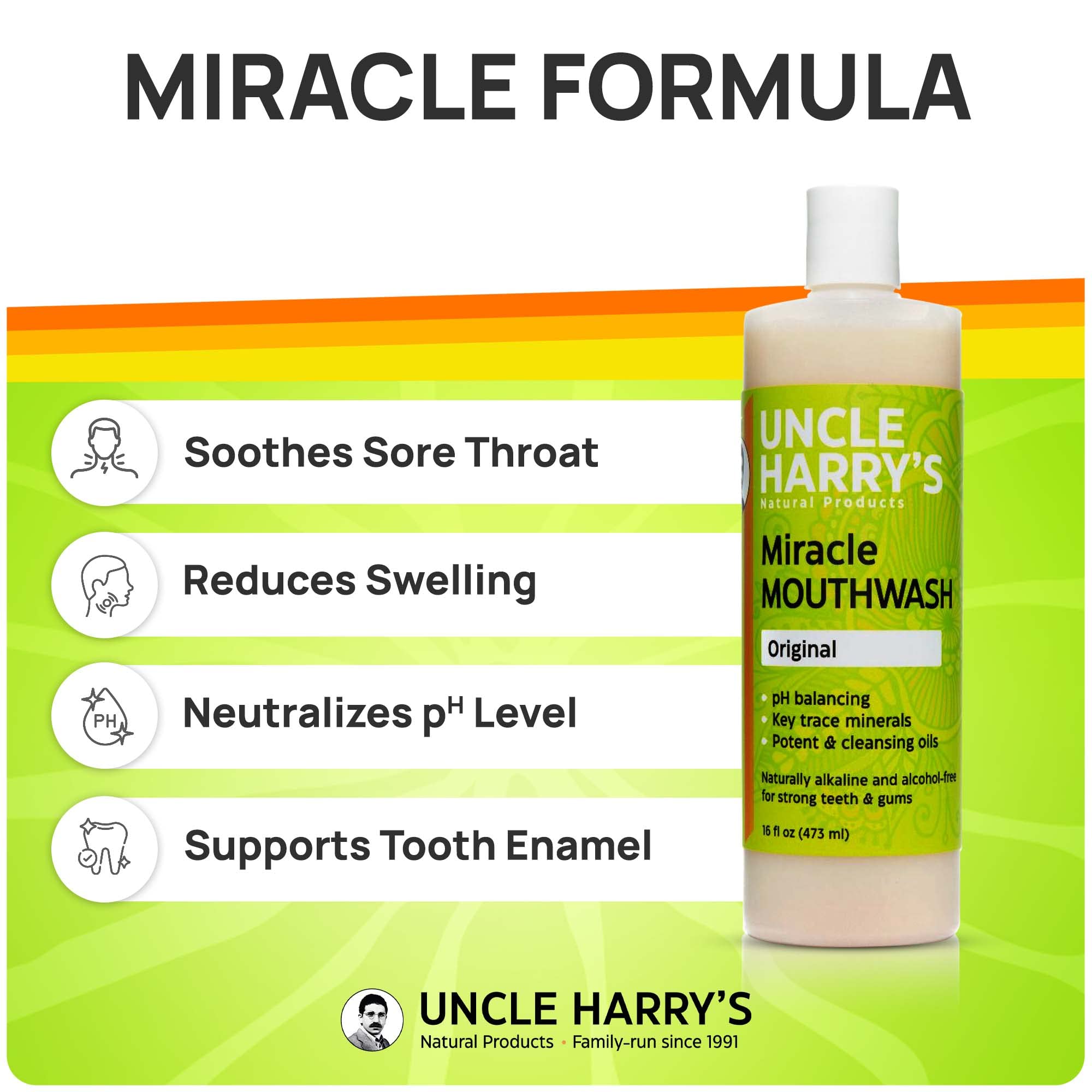 Close-up of Uncle Harry's Miracle Mouthwash bottle