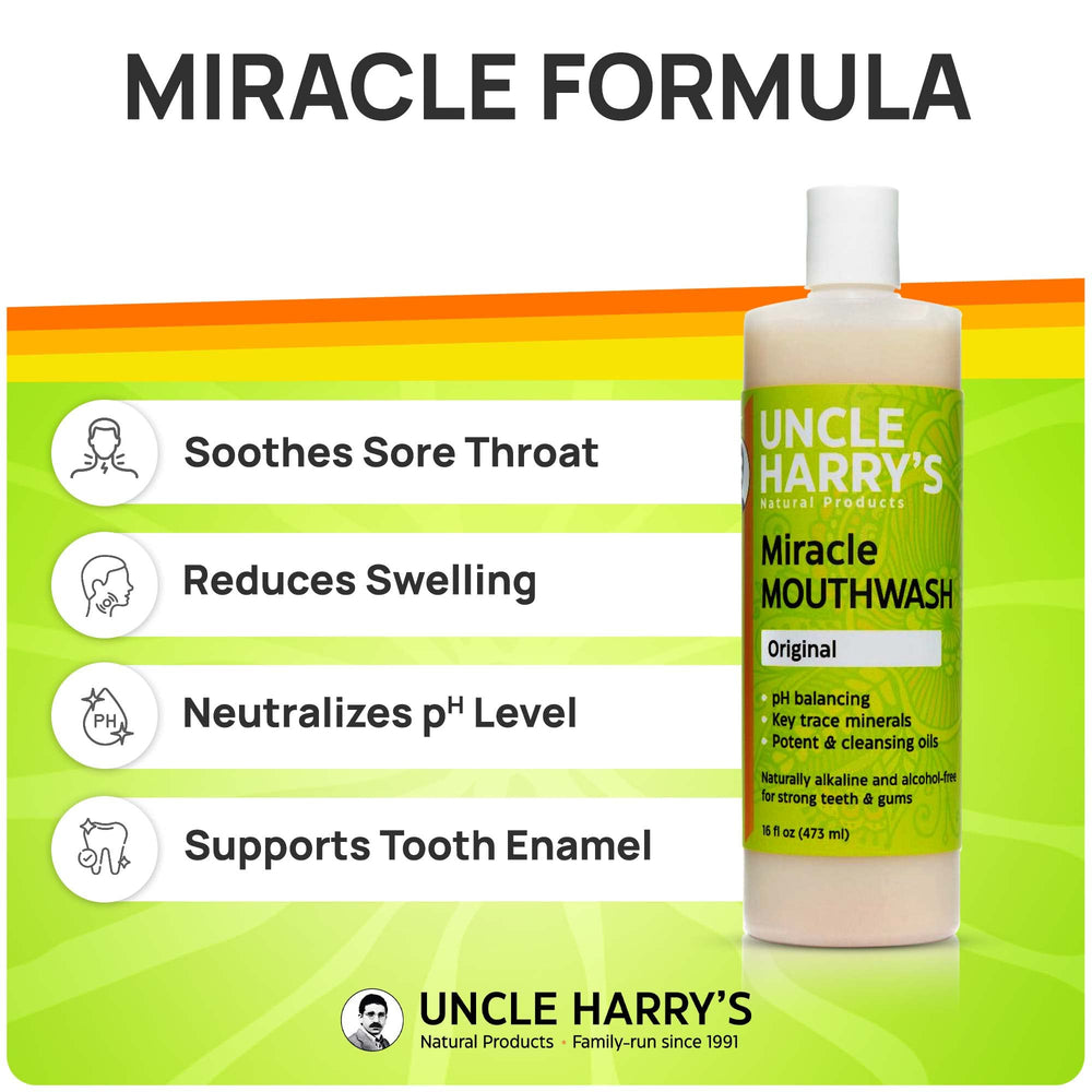 Close-up of Uncle Harry's Miracle Mouthwash bottle
