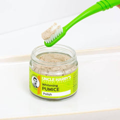 Close-up of Uncle Harry's Natural Tooth Polish showing pumice and bentonite clay