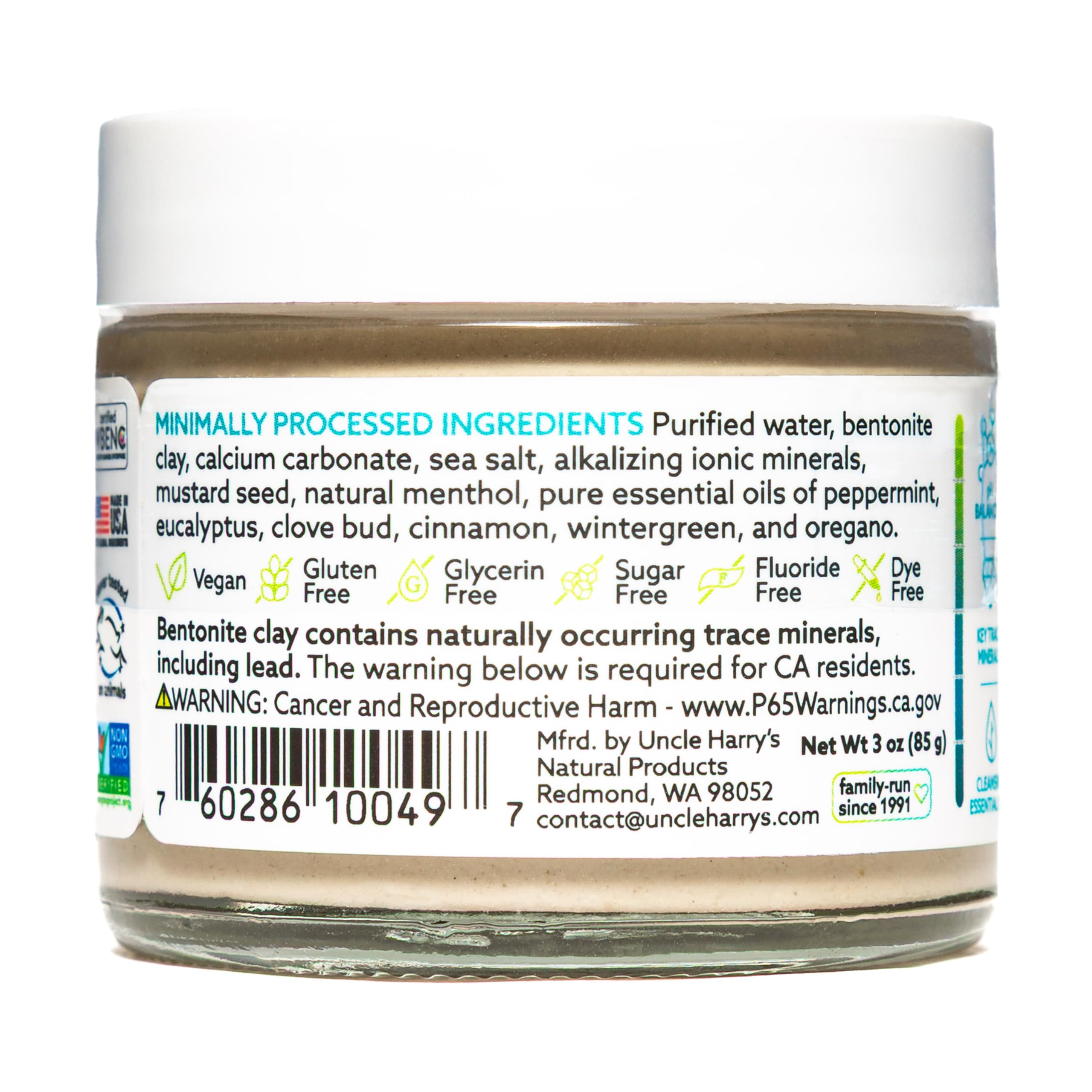 Zero-waste glass jar packaging with Earth-friendly label for Uncle Harry's toothpaste