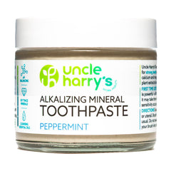Pack of six 3 oz glass jars of Uncle Harry's peppermint toothpaste