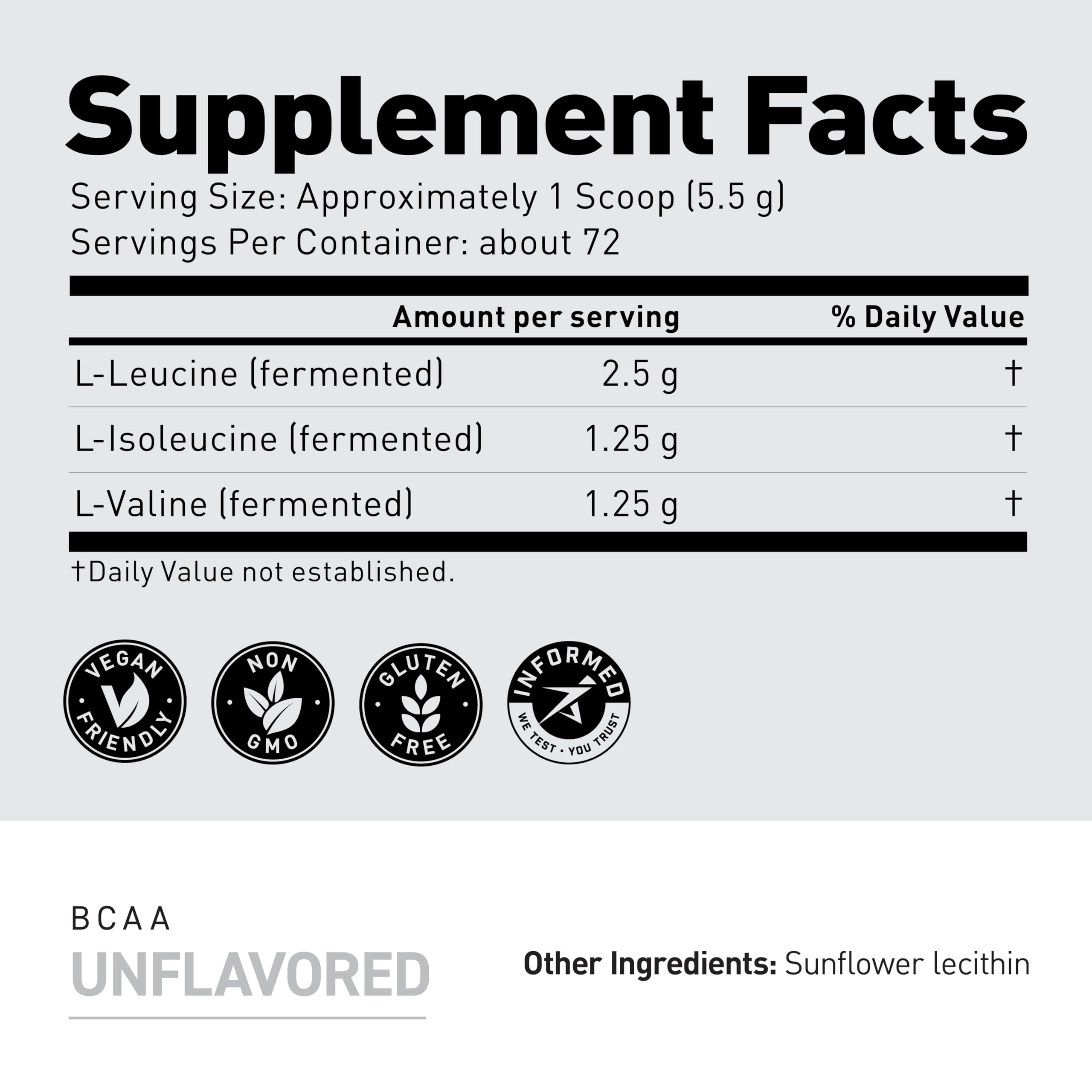 Unflavored BCAAs 5g per serving, plant-based