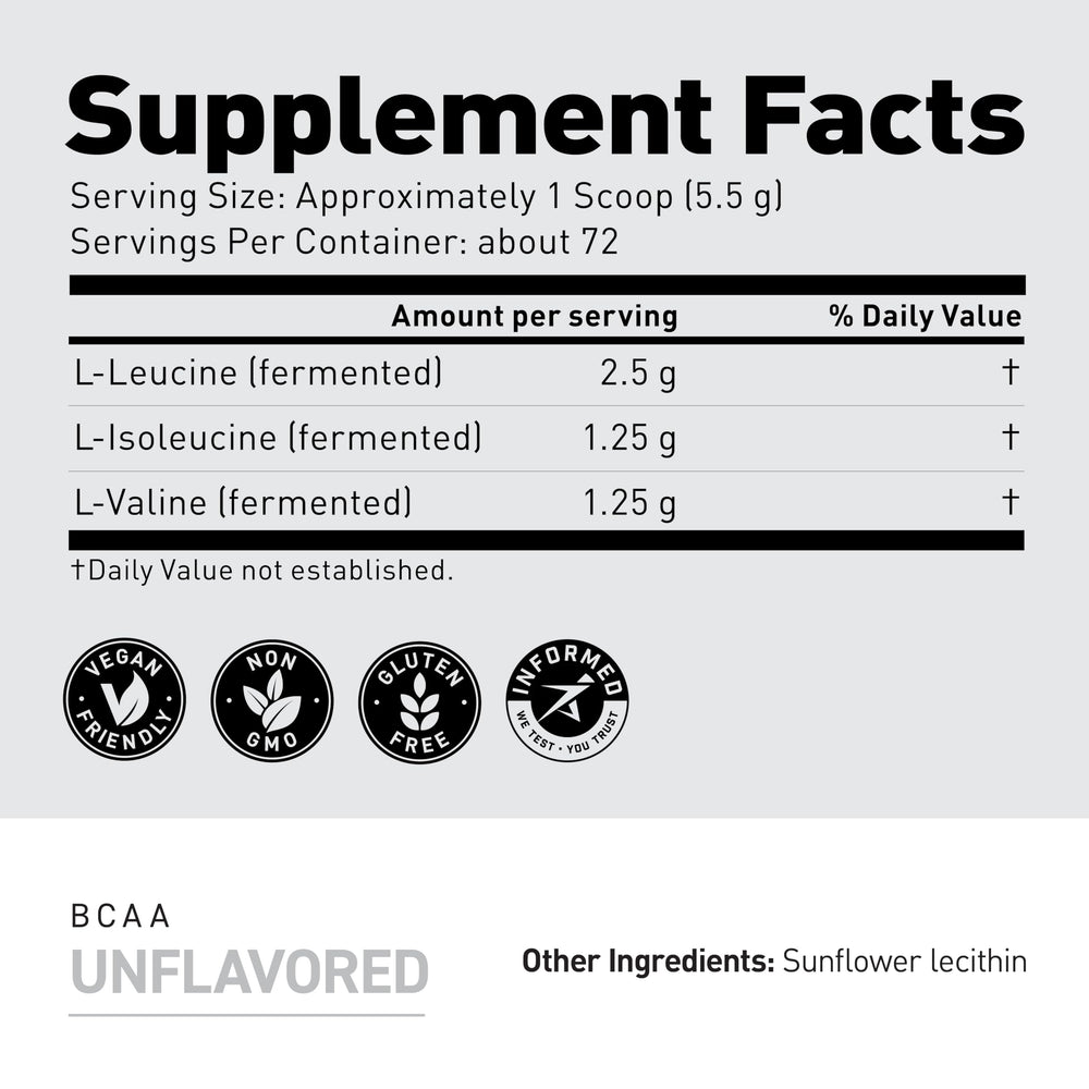 Unflavored BCAAs 5g per serving, plant-based
