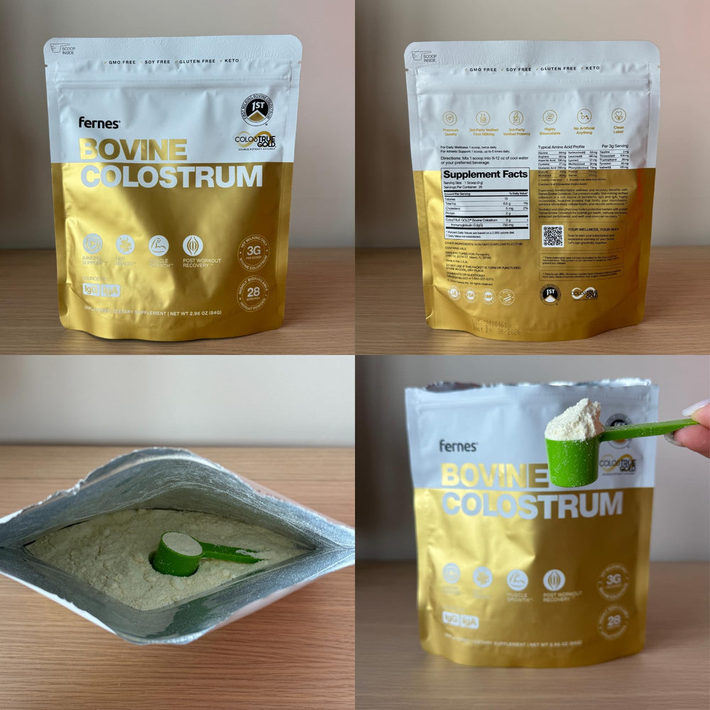 Unflavored colostrum powder being stirred into a beverage